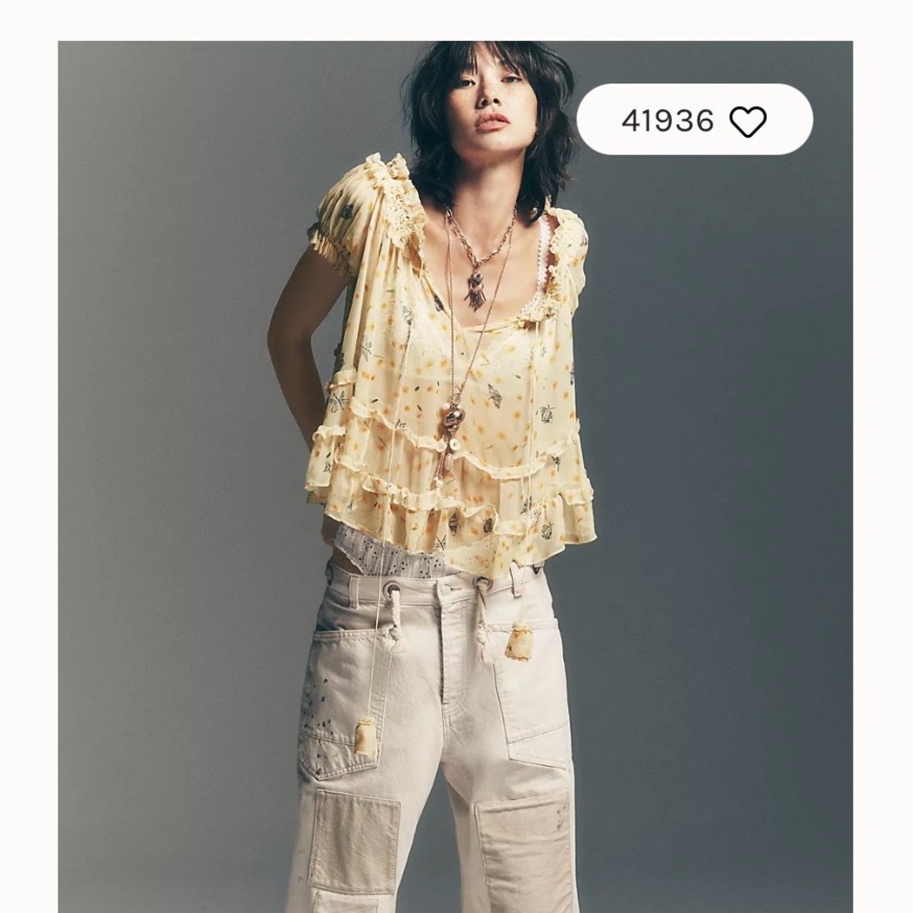 We The Free Cream Distressed Patchwork Wide Leg Jeans